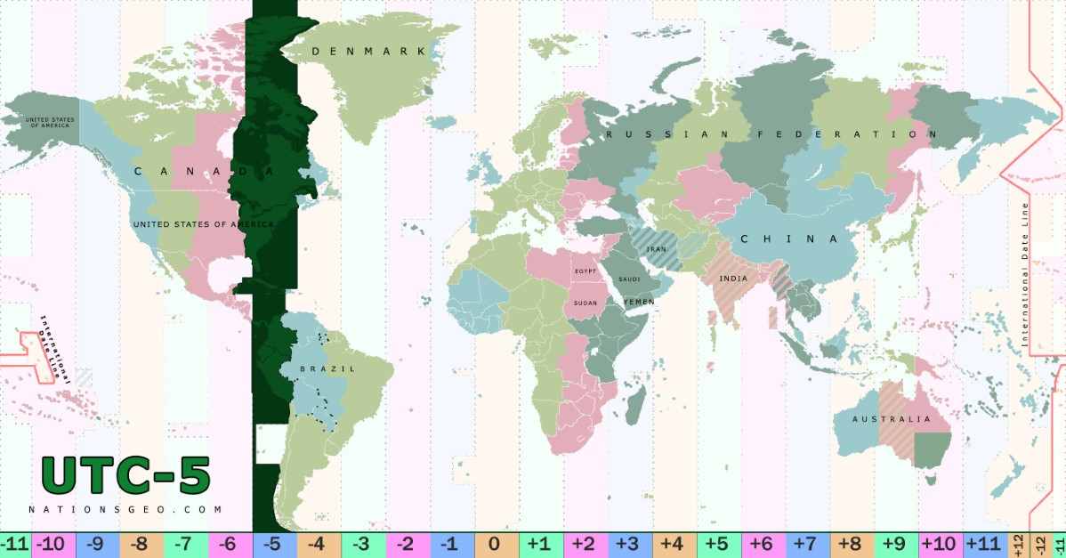 UTC-5 time zone map