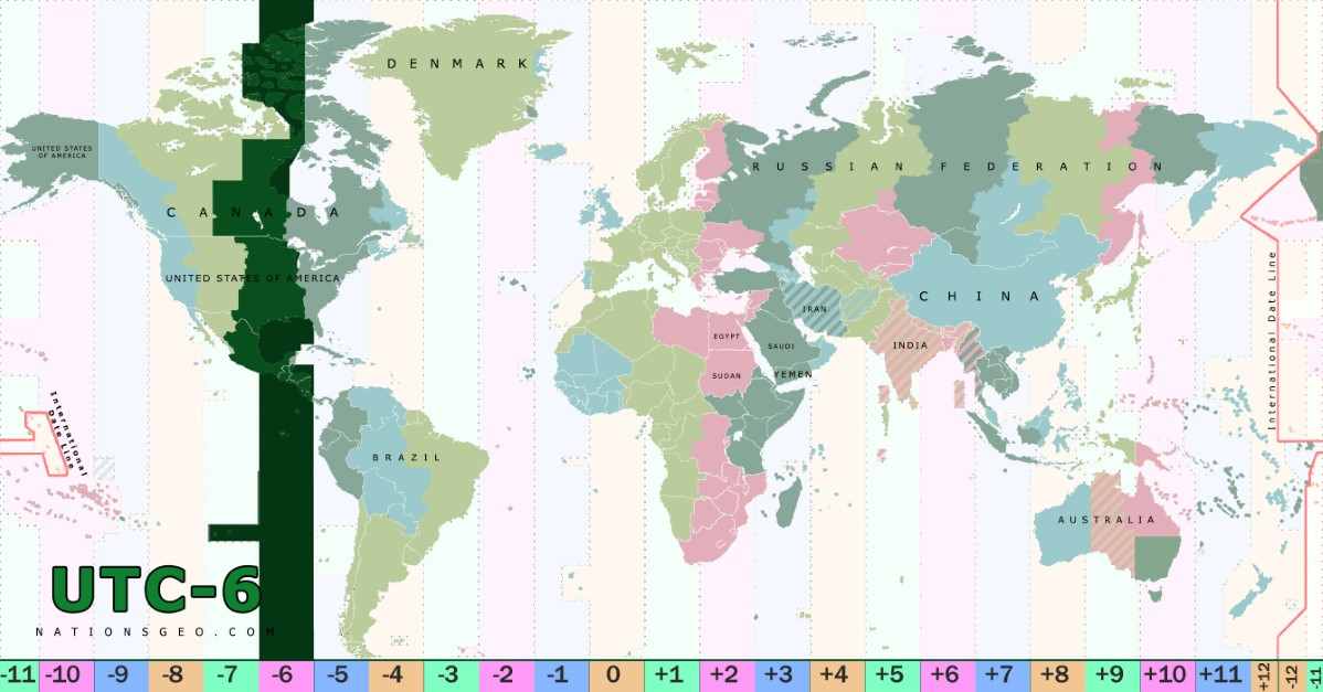 UTC-6 time zone map