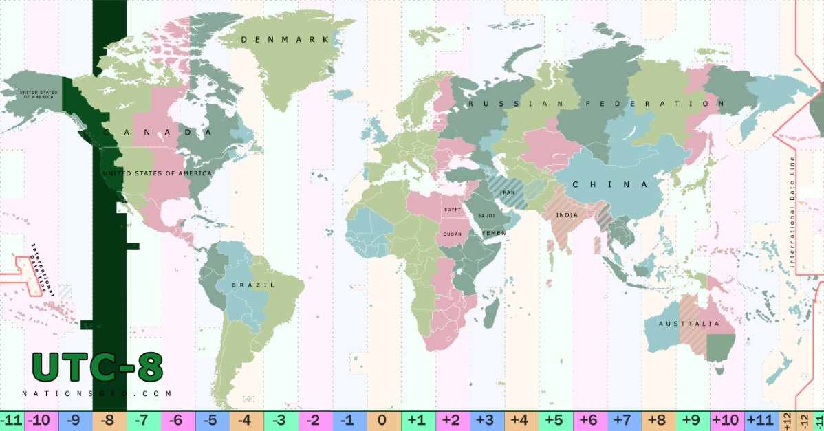 UTC-8 time zone map