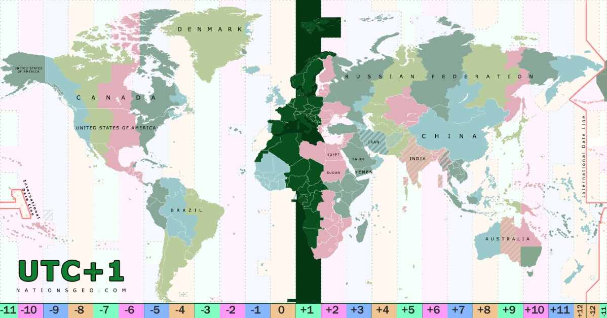 UTC+1 time zone map