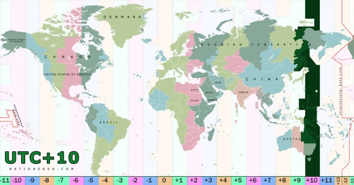 UTC+10 time zone map